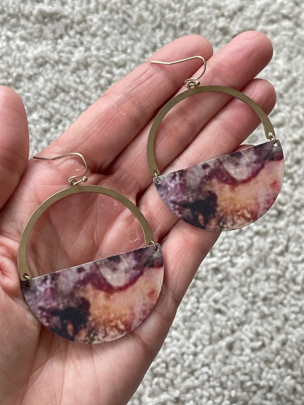 Boutique Pink Marble Print Pink Purple Gold Boho Half-Moon Hoop Drop Earrings